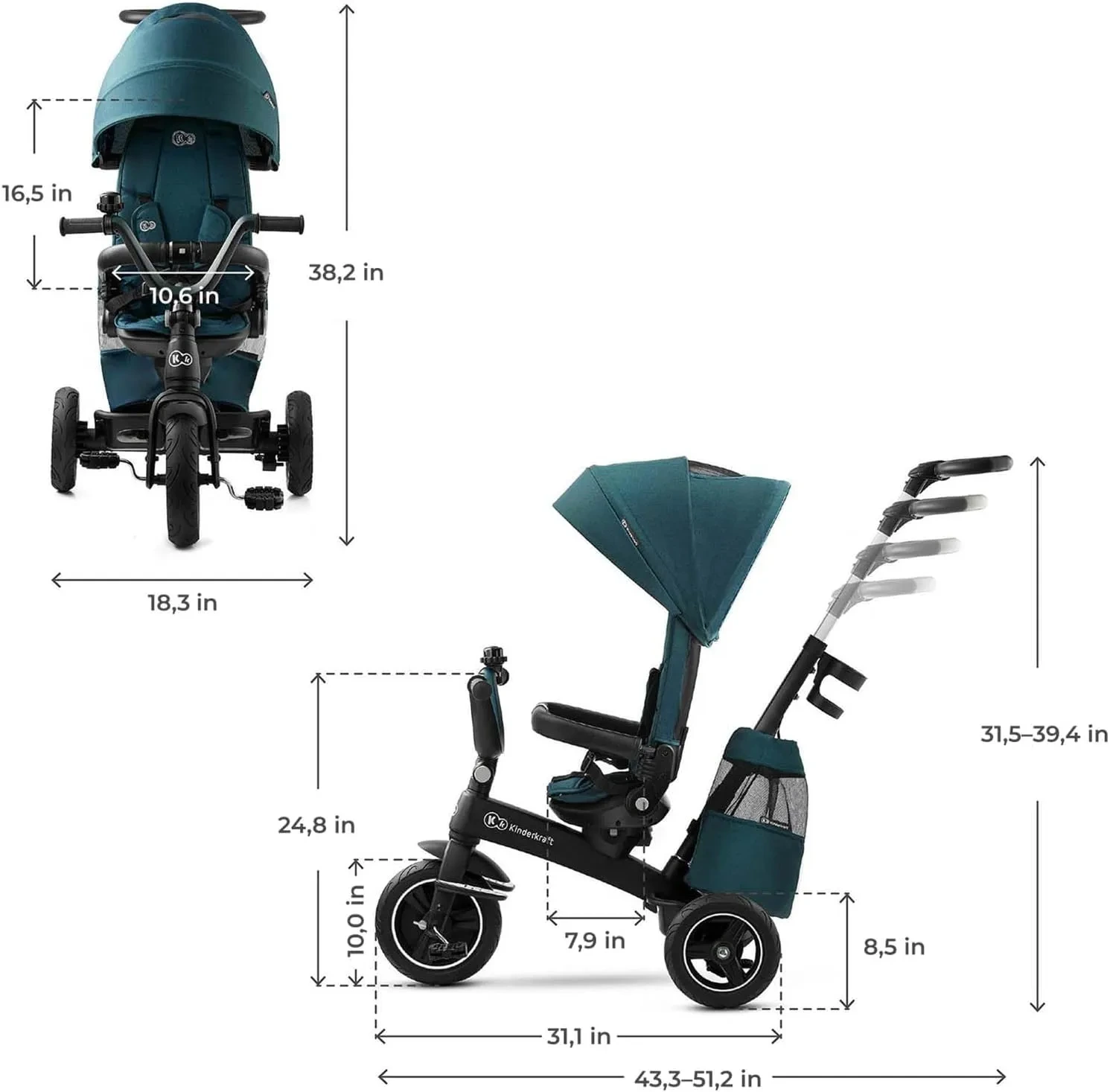 Kinderkraft EASYTWIST 5-in-1 Toddler Tricycle with Swivel Seat - Green - Image 11