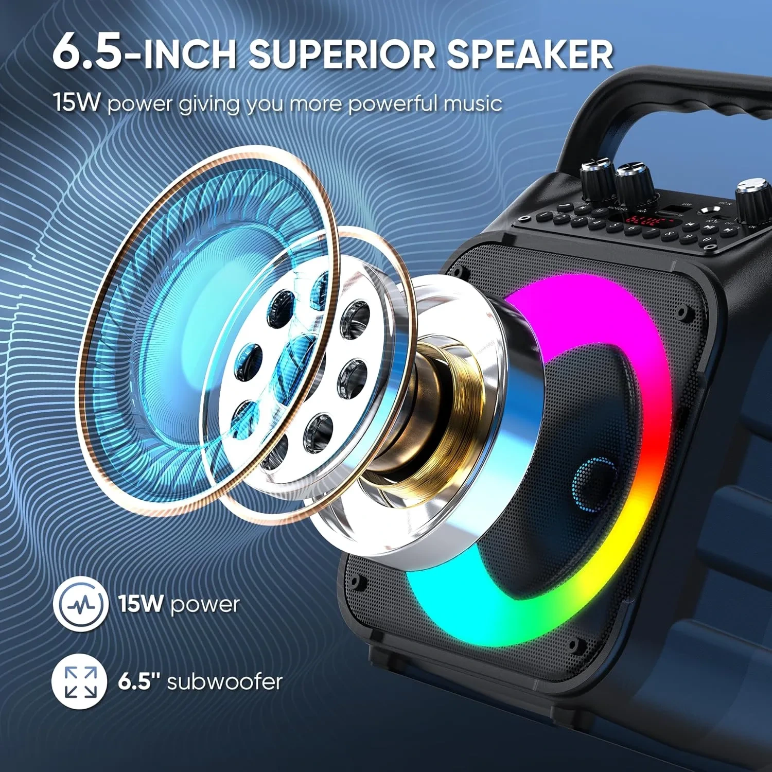 CYY Portable Karaoke Machine with 2 Wireless Microphones & Dynamic LED Lights - Image 10