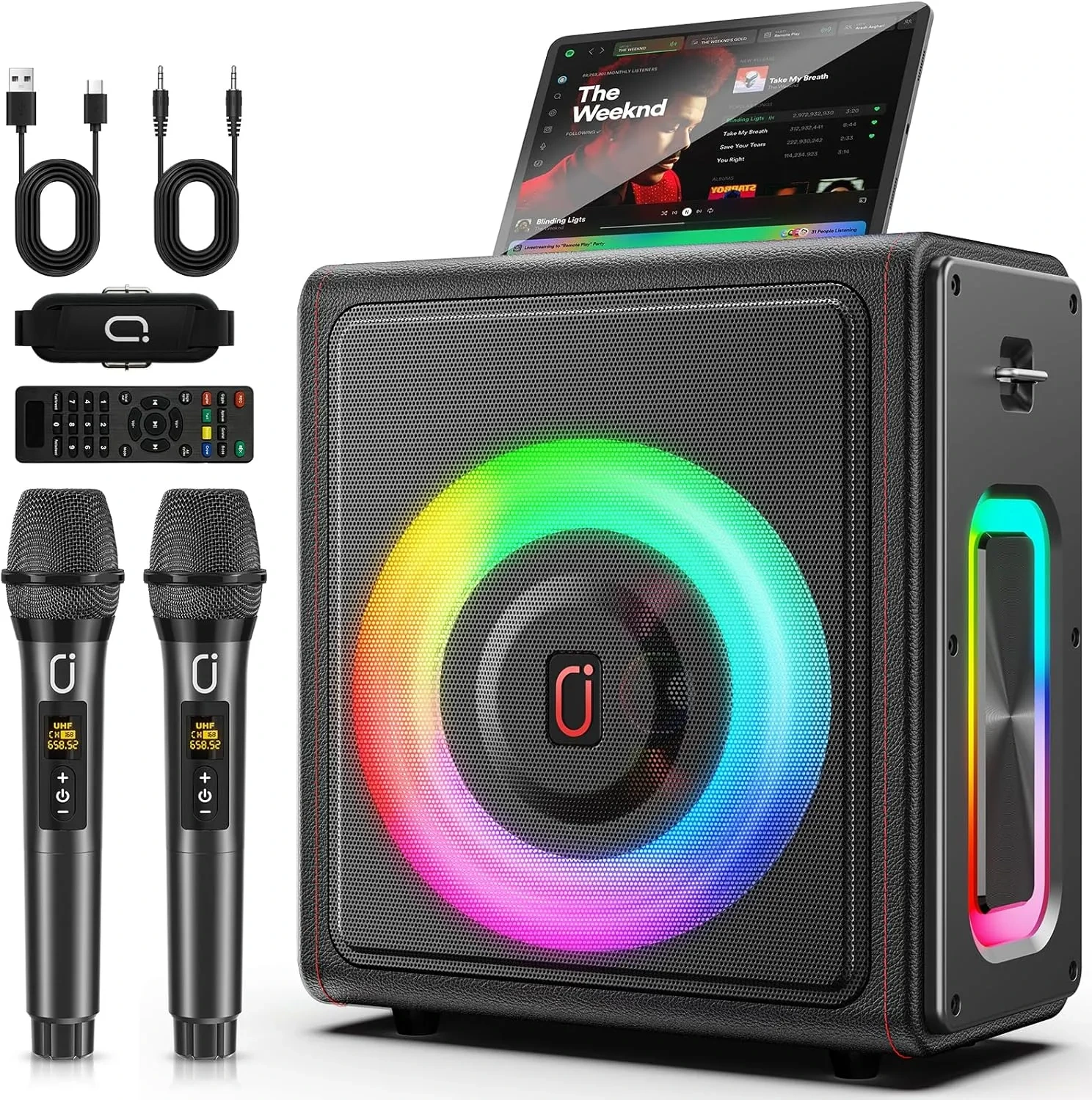 PPMIC 300W Retro Leather Karaoke Machine with 3 Microphones & Pitch Correction