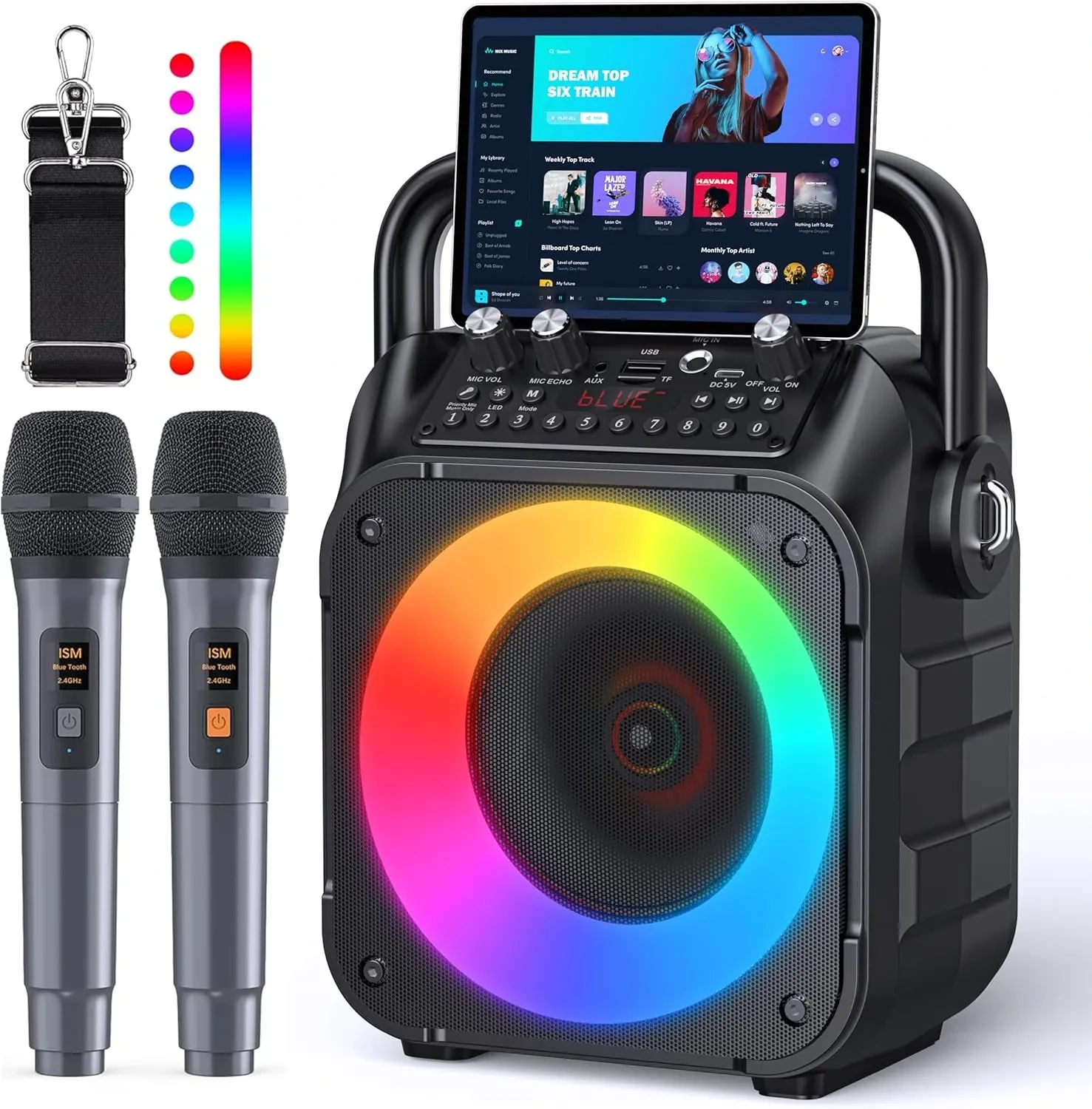 CYY Portable Karaoke Machine with 2 Wireless Microphones & Dynamic LED Lights - Image 2