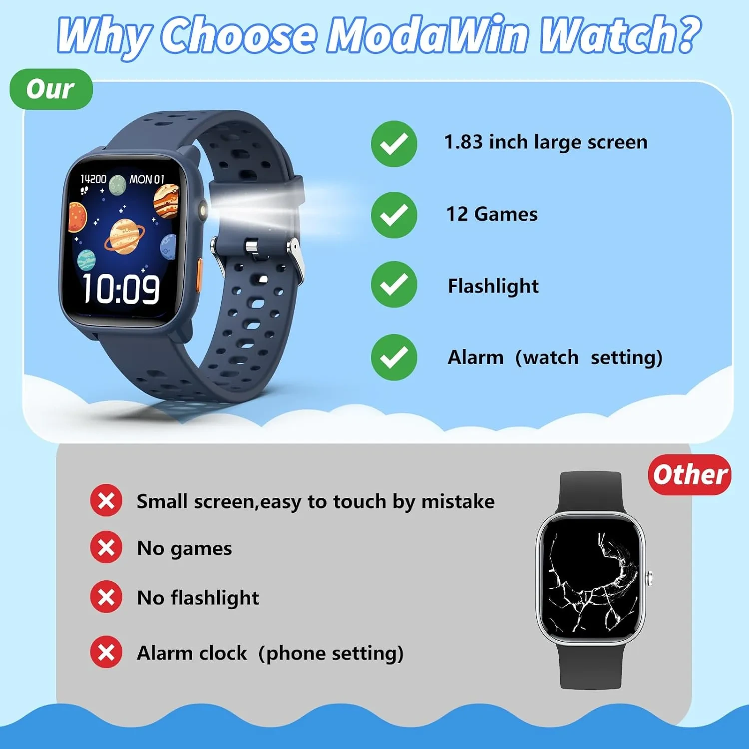ModaWin W98 Kids Smart Watch with 12 Puzzle Games & 100+ Sport Modes - Image 9