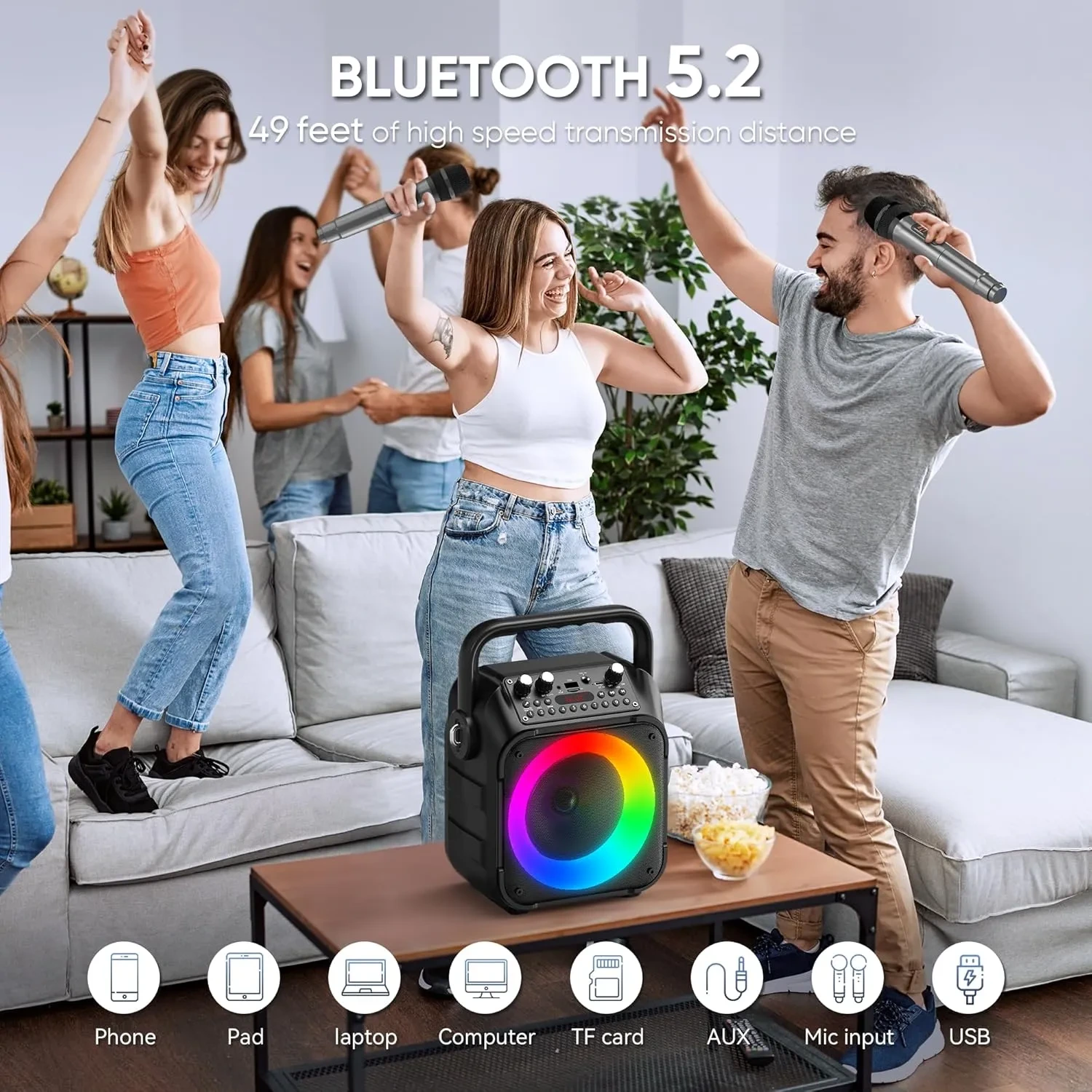 CYY Portable Karaoke Machine with 2 Wireless Microphones & Dynamic LED Lights - Image 4